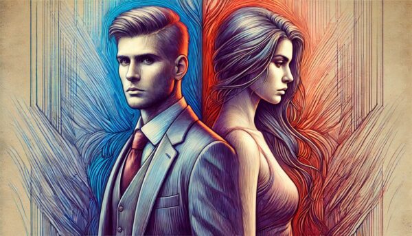 Illustration of a man standing confidently on the left side, symbolizing narcissism, while a sad woman stands apart on the right, representing emotional distance and separation.