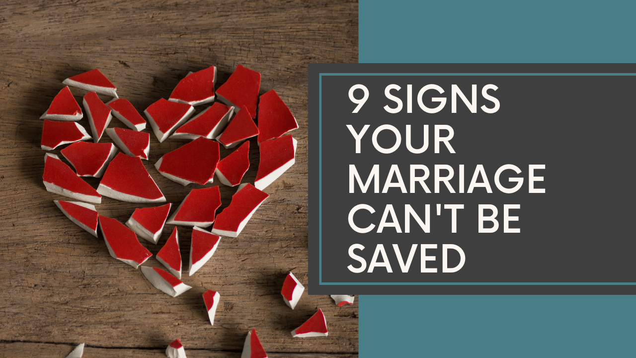A graphic featuring a textured red broken heart next to the article title, 9 Signs Your Marriage Can't Be Saved.