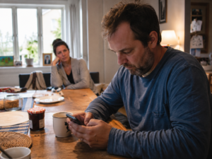A man sitting at a table looking closely at his smartphone, representing the secretive behavior and broken trust often seen with persistent infidelity.