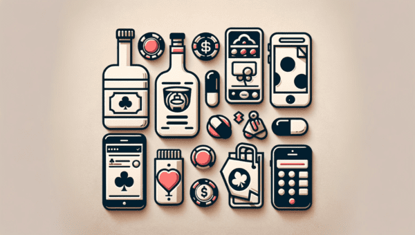 A flat lay of everyday objects mixed with a liquor bottle, pills, and a smartphone, representing the daily presence of substance abuse and addiction.