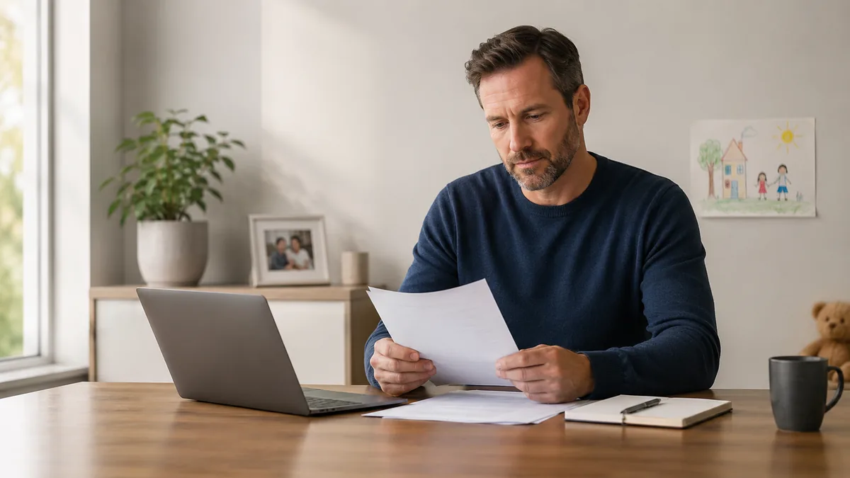 Man reviewing divorce paperwork at a table in his home