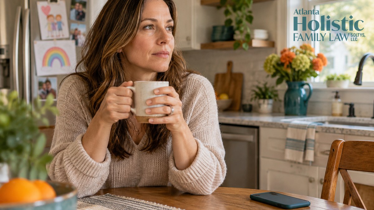 A woman at her kitchen table holding a mug of coffee, her phone face down beside her